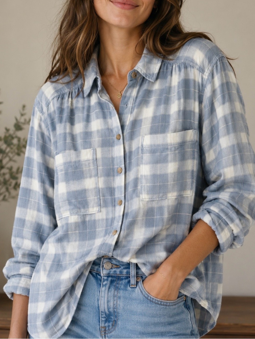 Pilcro Anthropologie Blue Plaid Button Down Shirt Women’s Size M Relaxed Fit